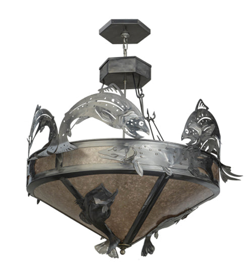 Meyda Lighting Catch of the Day 39" 6-Light Industrial Steel Inverted Pendant Light With Silver Mica Shade Glass
