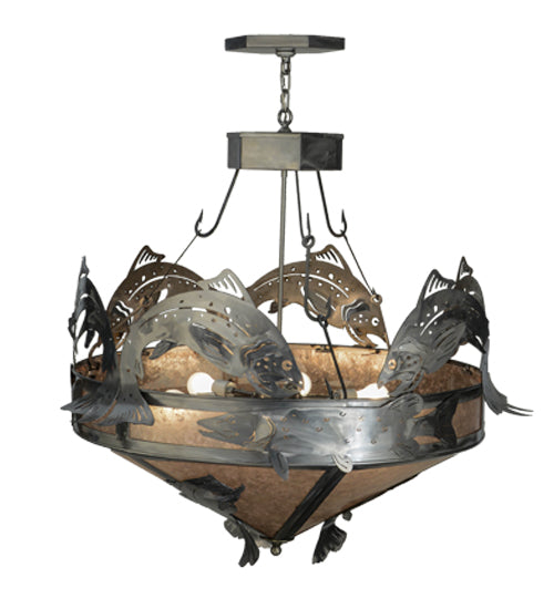 Meyda Lighting Catch of the Day 39" 6-Light Industrial Steel Inverted Pendant Light With Silver Mica Shade Glass