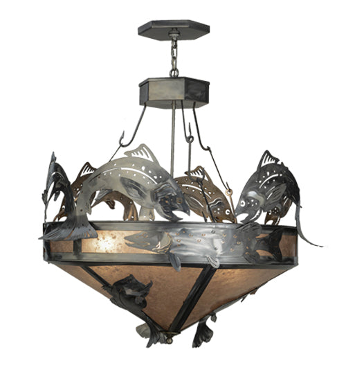 Meyda Lighting Catch of the Day 39" 6-Light Industrial Steel Inverted Pendant Light With Silver Mica Shade Glass