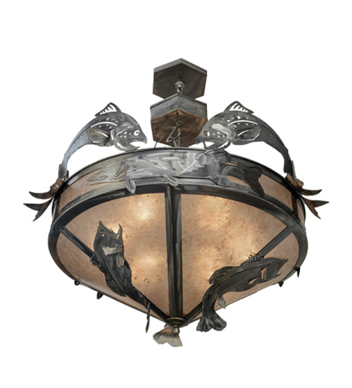 Meyda Lighting Catch of the Day 39" 6-Light Industrial Steel Inverted Pendant Light With Silver Mica Shade Glass