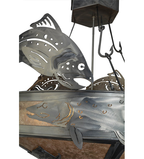Meyda Lighting Catch of the Day 39" 6-Light Industrial Steel Inverted Pendant Light With Silver Mica Shade Glass