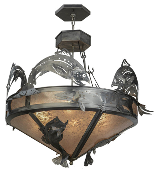 Meyda Lighting Catch of the Day 39" 6-Light Industrial Steel Inverted Pendant Light With Silver Mica Shade Glass