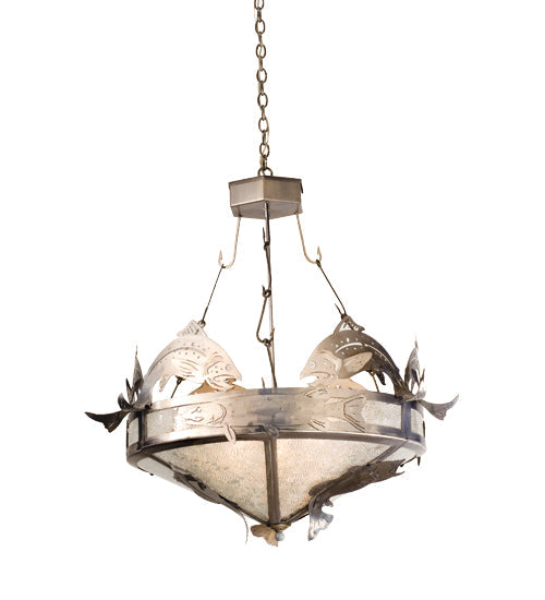 Meyda Lighting Catch of the Day 39" 6-Light Silver Steel Trout & Pike Inverted Pendant Light With Silver Mica Shade Glass