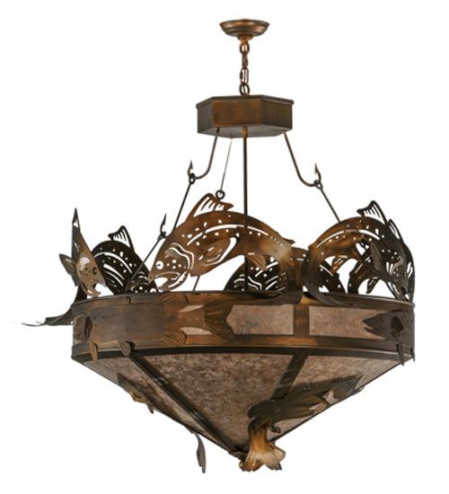 Meyda Lighting Catch of the Day 45" 6-Light Antique Copper Inverted Pendant Light With Silver Mica Shade Glass