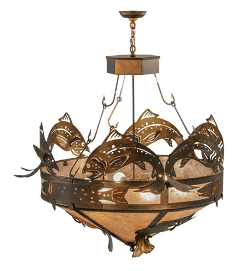 Meyda Lighting Catch of the Day 45" 6-Light Antique Copper Inverted Pendant Light With Silver Mica Shade Glass