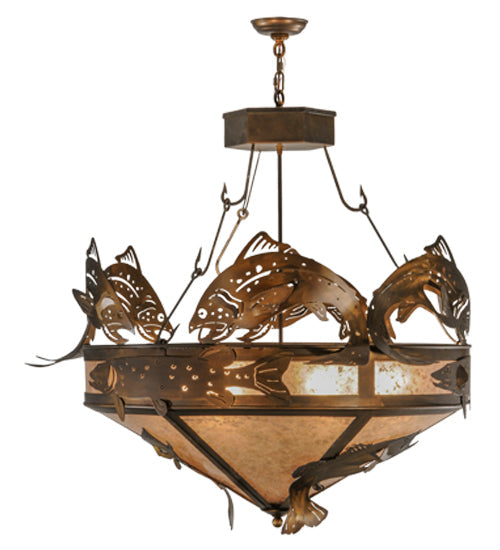 Meyda Lighting Catch of the Day 45" 6-Light Antique Copper Inverted Pendant Light With Silver Mica Shade Glass