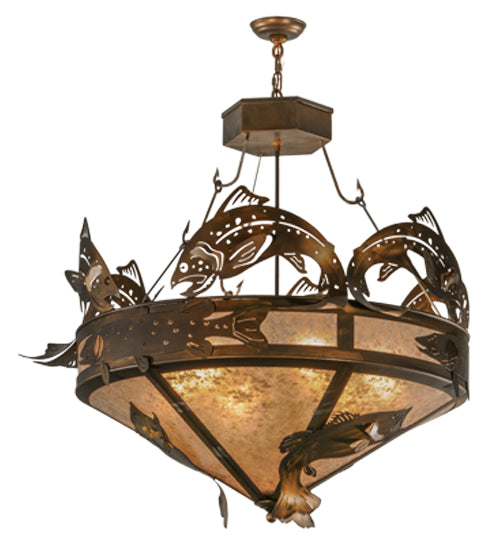 Meyda Lighting Catch of the Day 45" 6-Light Antique Copper Inverted Pendant Light With Silver Mica Shade Glass