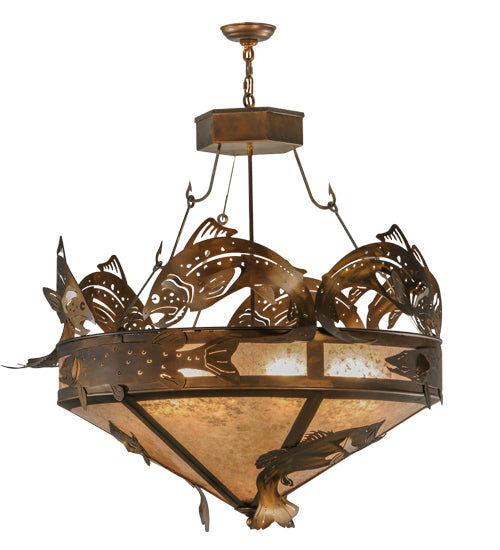 Meyda Lighting Catch of the Day 45" 6-Light Antique Copper Inverted Pendant Light With Silver Mica Shade Glass