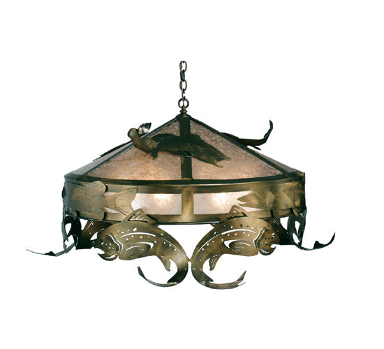 Meyda Lighting Catch of the Day 48" 6-Light Antique Copper Trout Pendant Light With Silver Mica Shade Glass