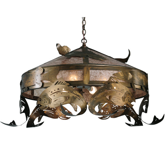 Meyda Lighting Catch of the Day 48" 6-Light Antique Copper Trout Pendant Light With Silver Mica Shade Glass