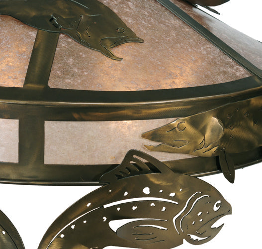 Meyda Lighting Catch of the Day 48" 6-Light Antique Copper Trout Pendant Light With Silver Mica Shade Glass