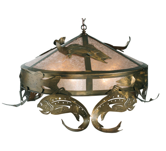 Meyda Lighting Catch of the Day 48" 6-Light Antique Copper Trout Pendant Light With Silver Mica Shade Glass