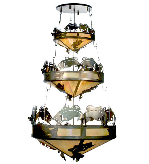 Meyda Lighting Catch of the Day 58" 18-Light 3-Tier Antique Copper Bass Inverted Pendant Light With Beige Sahara Taupe Idalight Shade