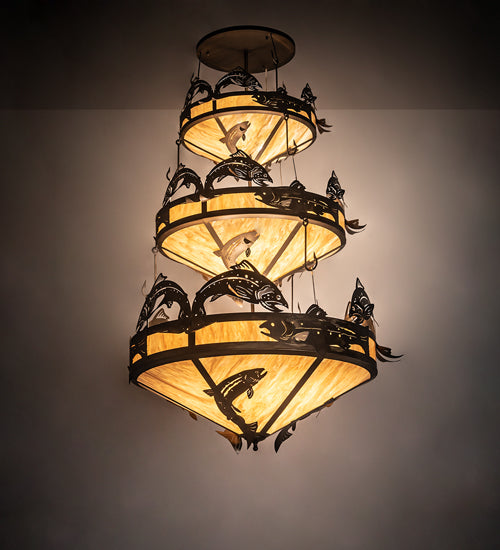 Meyda Lighting Catch of the Day 58" 18-Light 3-Tier Antique Copper Trout Chandelier With Travertine Idalight Shade