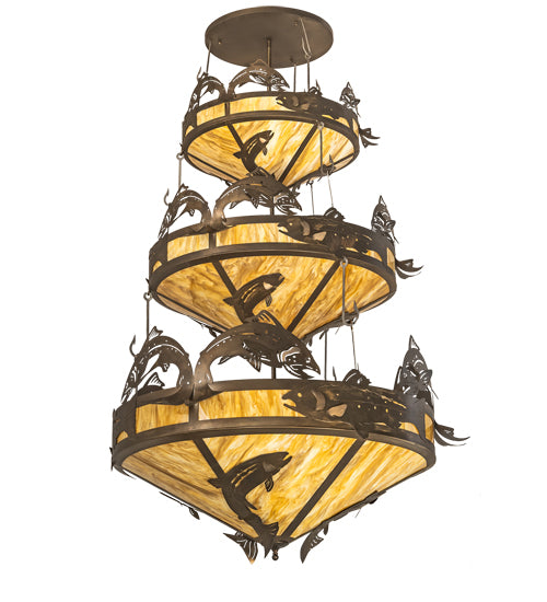 Meyda Lighting Catch of the Day 58" 18-Light 3-Tier Antique Copper Trout Chandelier With Travertine Idalight Shade