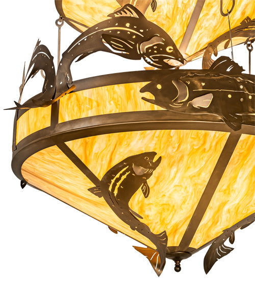 Meyda Lighting Catch of the Day 58" 18-Light 3-Tier Antique Copper Trout Chandelier With Travertine Idalight Shade
