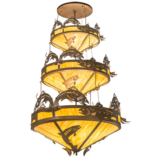Meyda Lighting Catch of the Day 58" 18-Light 3-Tier Antique Copper Trout Chandelier With Travertine Idalight Shade