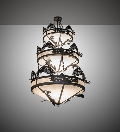 Meyda Lighting Catch of the Day 58" 18-Light 3-Tier Oil Rubbed Bronze Chandelier With Whitestone Shade