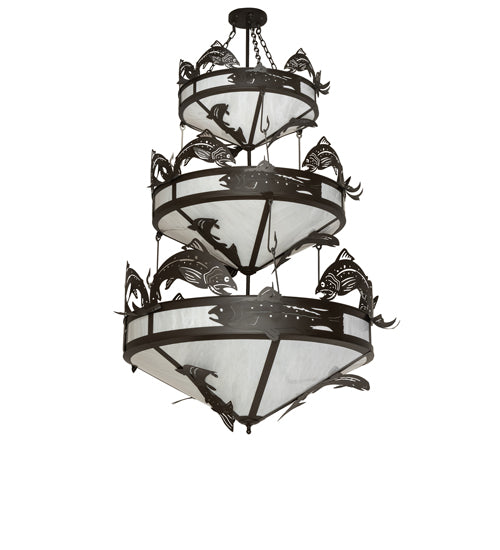 Meyda Lighting Catch of the Day 58" 18-Light 3-Tier Oil Rubbed Bronze Chandelier With Whitestone Shade