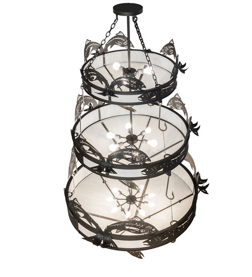 Meyda Lighting Catch of the Day 58" 18-Light 3-Tier Oil Rubbed Bronze Chandelier With Whitestone Shade