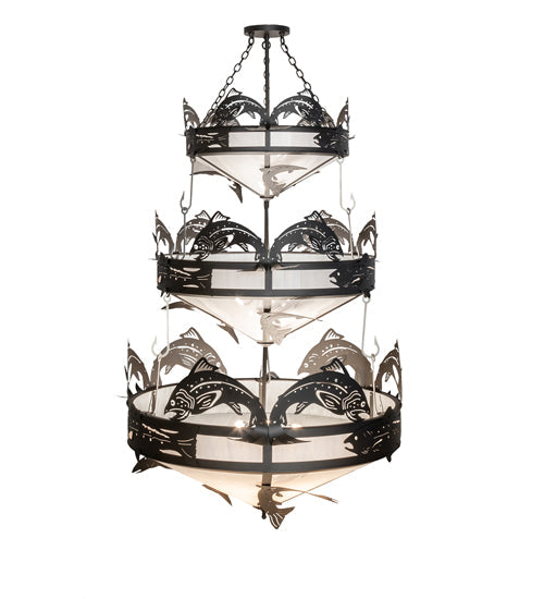 Meyda Lighting Catch of the Day 58" 18-Light 3-Tier Oil Rubbed Bronze Chandelier With Whitestone Shade
