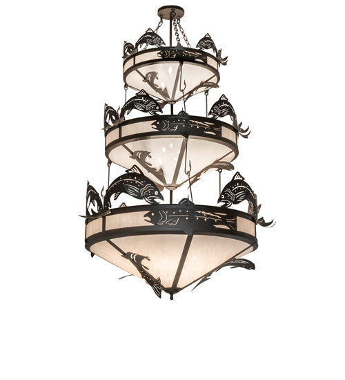 Meyda Lighting Catch of the Day 58" 18-Light 3-Tier Oil Rubbed Bronze Chandelier With Whitestone Shade