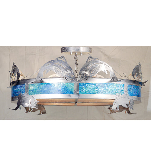 Meyda Lighting Catch of the Day 66" 8-Light Industrial Steel Trout Semi-flush Mount With Blue Green Art & Silver Mica Shade Glass