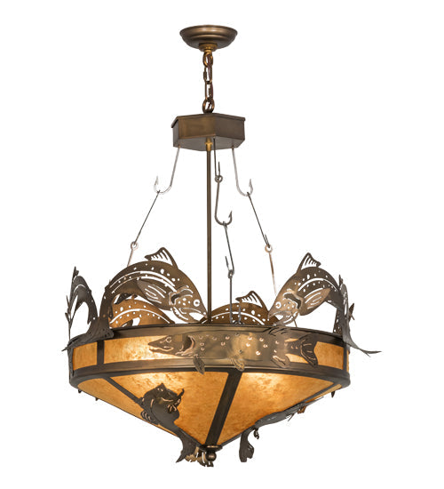 Meyda Lighting Catch of the Day 82" 12-Light Antique Copper Inverted Pendant Light With Amber Mica Shade Glass