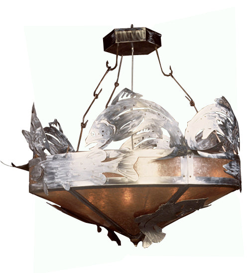 Meyda Lighting Catch of the Day 82" 12-Light Steel Trout Inverted Pendant Light With Silver Mica Shade Glass