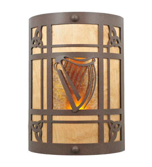 Meyda Lighting Celtic Harp 9" 2-Light Cafe Noir Wall Sconce With Amber Mica & Birchwood Shade Glass