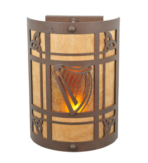 Meyda Lighting Celtic Harp 9" 2-Light Cafe Noir Wall Sconce With Amber Mica & Birchwood Shade Glass