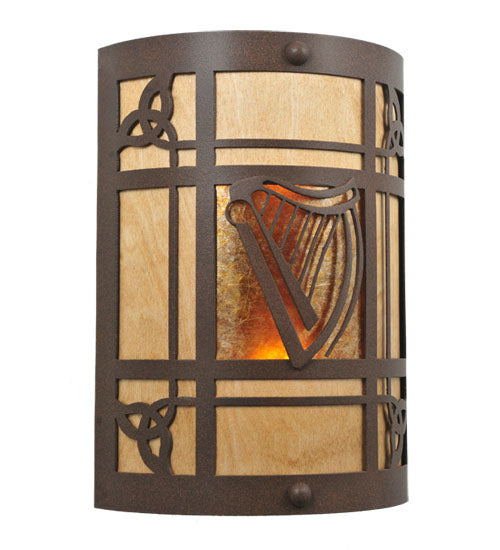 Meyda Lighting Celtic Harp 9" 2-Light Cafe Noir Wall Sconce With Amber Mica & Birchwood Shade Glass