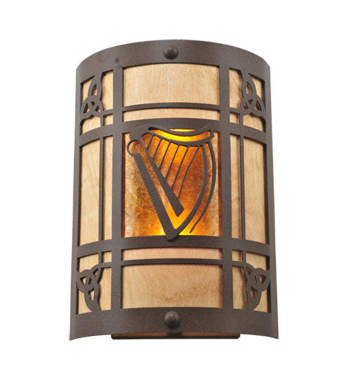 Meyda Lighting Celtic Harp 9" 2-Light Cafe Noir Wall Sconce With Amber Mica & Birchwood Shade Glass