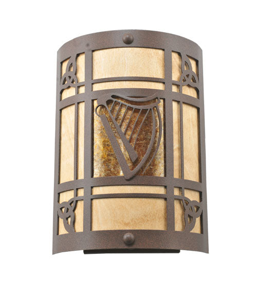 Meyda Lighting Celtic Harp 9" 2-Light Cafe Noir Wall Sconce With Amber Mica & Birchwood Shade Glass