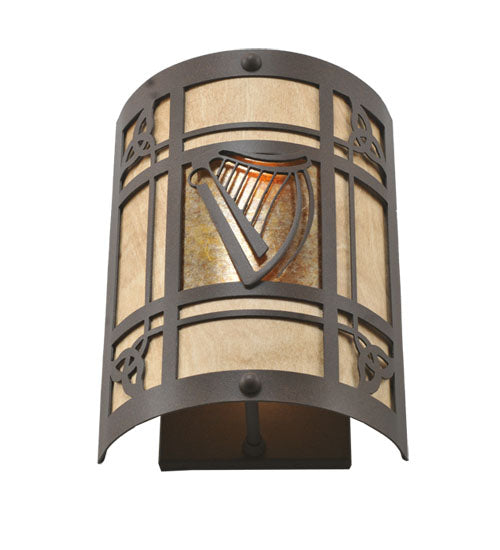 Meyda Lighting Celtic Harp 9" 2-Light Cafe Noir Wall Sconce With Amber Mica & Birchwood Shade Glass