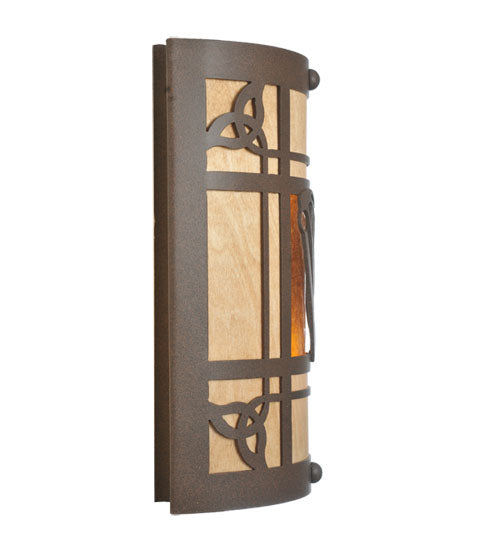 Meyda Lighting Celtic Harp 9" 2-Light Cafe Noir Wall Sconce With Amber Mica & Birchwood Shade Glass
