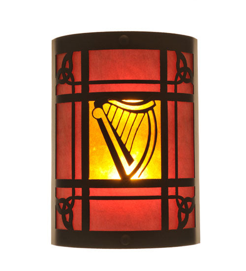 Meyda Lighting Celtic Harp 9" 2-Light Cafe Noir Wall Sconce With Amber Mica & Birchwood Shade Glass