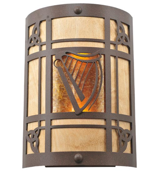 Meyda Lighting Celtic Harp 9" 2-Light Cafe Noir Wall Sconce With Amber Mica & Birchwood Shade Glass