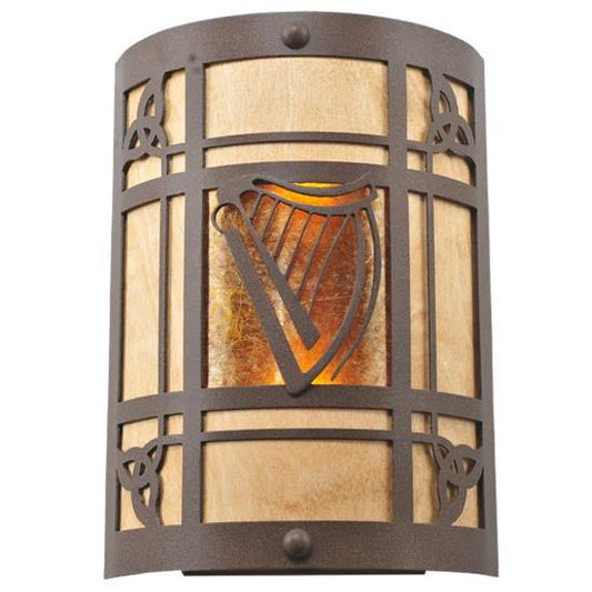 Meyda Lighting Celtic Harp 9" 2-Light Cafe Noir Wall Sconce With Amber Mica & Birchwood Shade Glass