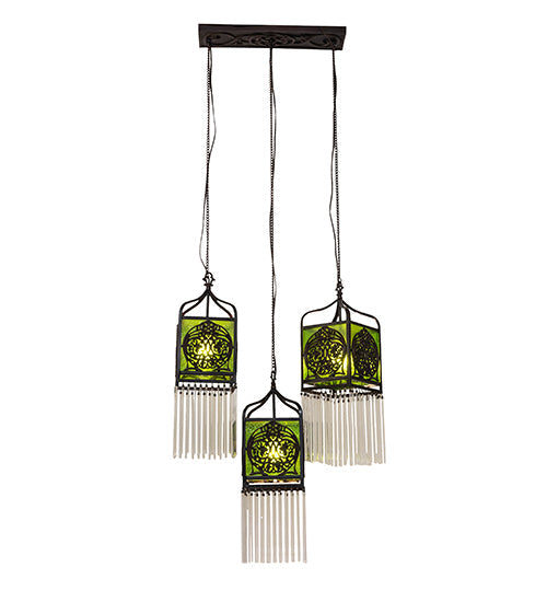 Meyda Lighting Celtic Knot 23" 3-Light Mahogany Bronze Island Cascading Pendant Light With Clear Green Shade Glass