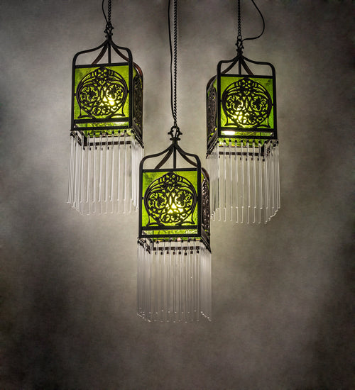 Meyda Lighting Celtic Knot 23" 3-Light Mahogany Bronze Island Cascading Pendant Light With Clear Green Shade Glass