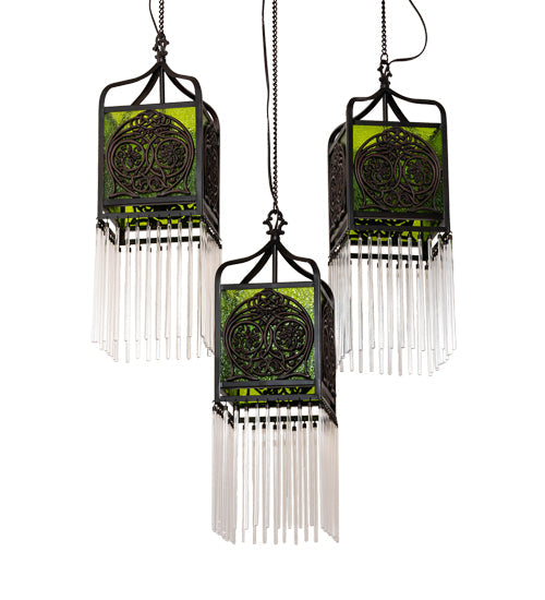 Meyda Lighting Celtic Knot 23" 3-Light Mahogany Bronze Island Cascading Pendant Light With Clear Green Shade Glass