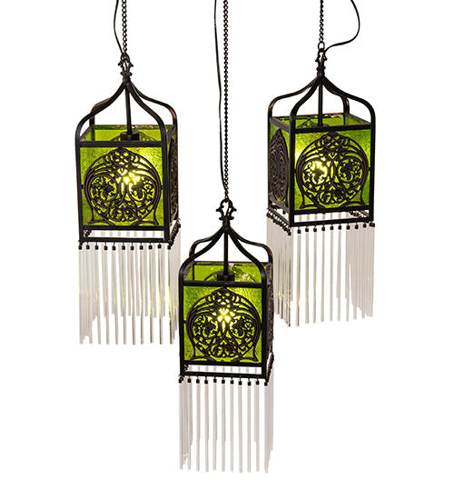 Meyda Lighting Celtic Knot 23" 3-Light Mahogany Bronze Island Cascading Pendant Light With Clear Green Shade Glass