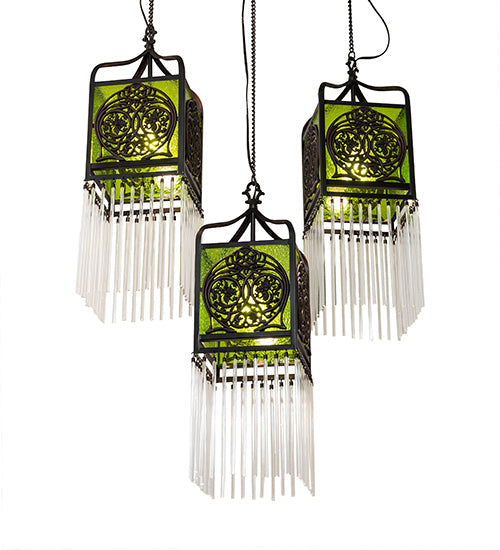 Meyda Lighting Celtic Knot 23" 3-Light Mahogany Bronze Island Cascading Pendant Light With Clear Green Shade Glass