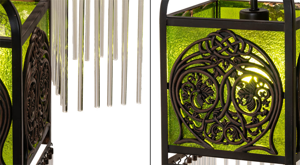 Meyda Lighting Celtic Knot 23" 3-Light Mahogany Bronze Island Cascading Pendant Light With Clear Green Shade Glass
