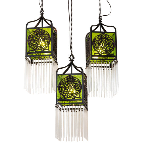 Meyda Lighting Celtic Knot 23" 3-Light Mahogany Bronze Island Cascading Pendant Light With Clear Green Shade Glass