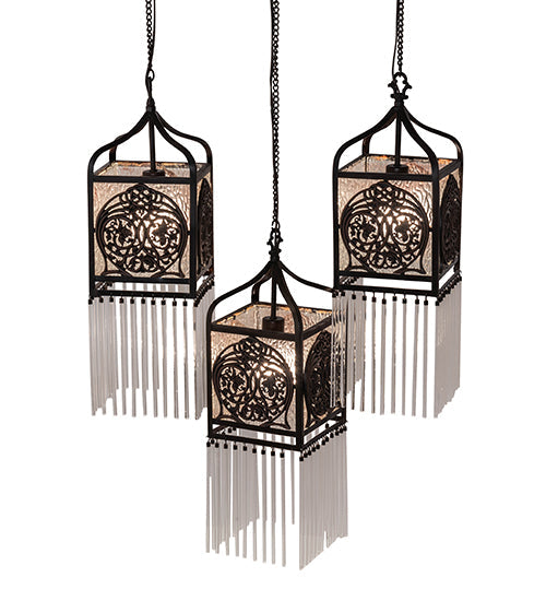 Meyda Lighting Celtic Knot 23" 3-Light Mahogany Bronze Island Cascading Pendant Light With Clear Waterglass Shade Glass