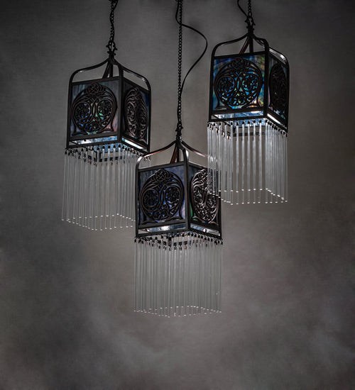 Meyda Lighting Celtic Knot 23" 3-Light Mahogany Bronze Island Cascading Pendant Light With Multi-Colored Shade Glass