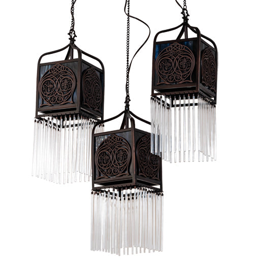 Meyda Lighting Celtic Knot 23" 3-Light Mahogany Bronze Island Cascading Pendant Light With Multi-Colored Shade Glass