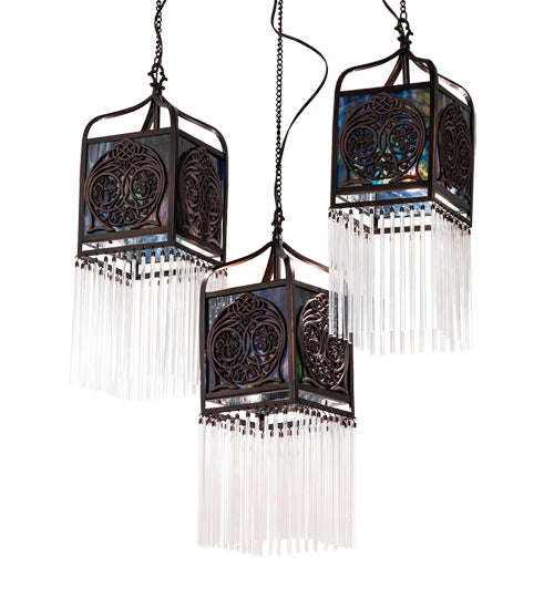 Meyda Lighting Celtic Knot 23" 3-Light Mahogany Bronze Island Cascading Pendant Light With Multi-Colored Shade Glass